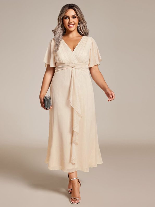 Silver Metallic Fabric V-Neck A-Line Wedding Guest Dress featuring Delicate Ruffled Hem - Champagne