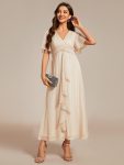 Silver Metallic Fabric V-Neck A-Line Wedding Guest Dress featuring Delicate Ruffled Hem – Champagne