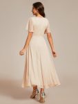 Silver Metallic Fabric V-Neck A-Line Wedding Guest Dress featuring Delicate Ruffled Hem – Champagne