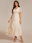 Silver Metallic Fabric V-Neck A-Line Wedding Guest Dress featuring Delicate Ruffled Hem – Champagne