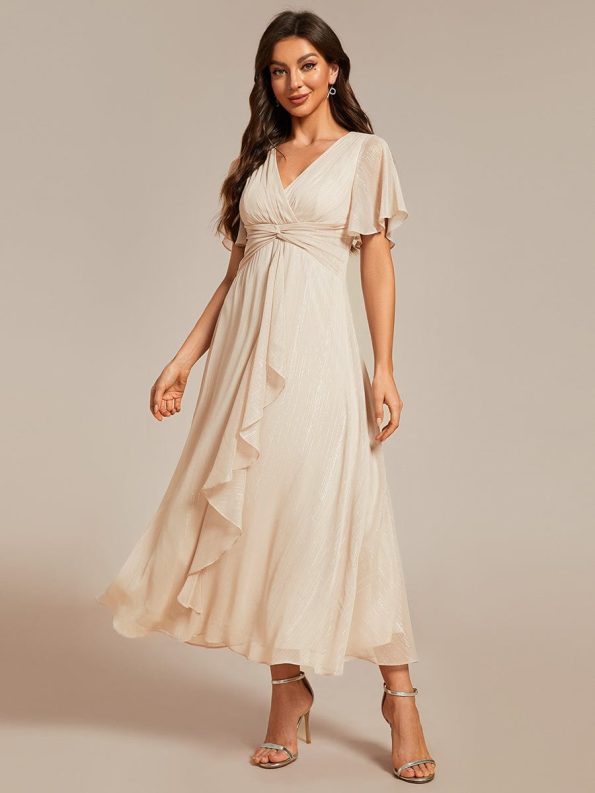 Silver Metallic Fabric V-Neck A-Line Wedding Guest Dress featuring Delicate Ruffled Hem - Champagne