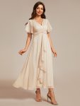 Silver Metallic Fabric V-Neck A-Line Wedding Guest Dress featuring Delicate Ruffled Hem – Champagne