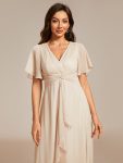 Silver Metallic Fabric V-Neck A-Line Wedding Guest Dress featuring Delicate Ruffled Hem – Champagne