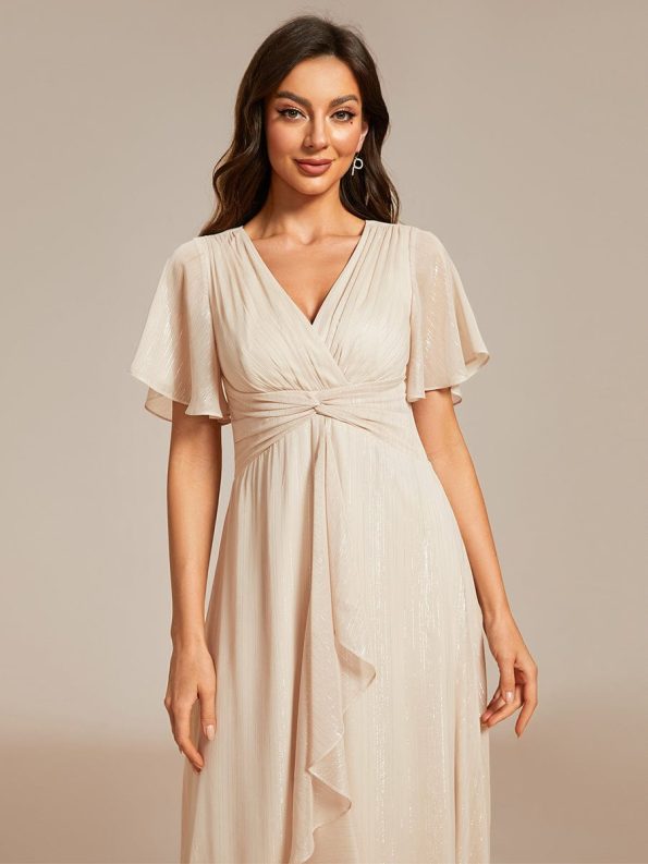 Silver Metallic Fabric V-Neck A-Line Wedding Guest Dress featuring Delicate Ruffled Hem - Champagne