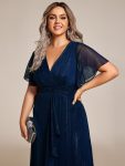 Silver Metallic Fabric V-Neck A-Line Wedding Guest Dress featuring Delicate Ruffled Hem – Navy Blue