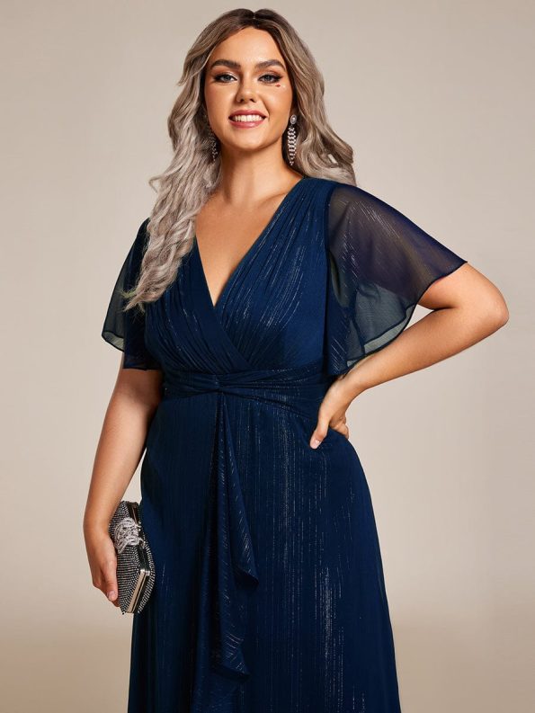 Silver Metallic Fabric V-Neck A-Line Wedding Guest Dress featuring Delicate Ruffled Hem - Navy Blue