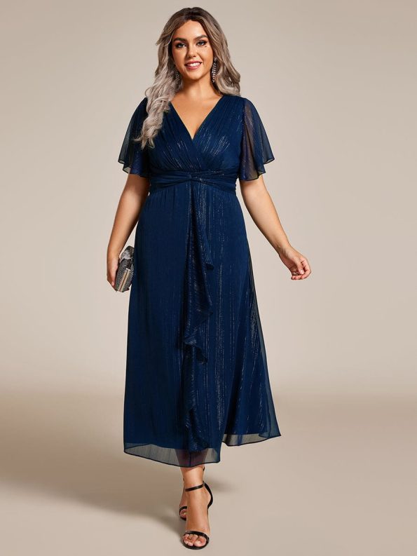 Silver Metallic Fabric V-Neck A-Line Wedding Guest Dress featuring Delicate Ruffled Hem - Navy Blue