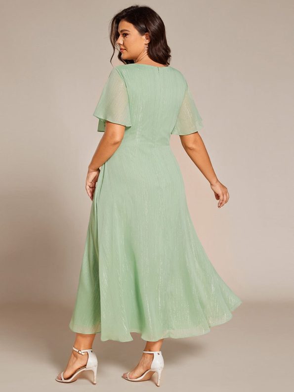 Silver Metallic Fabric V-Neck A-Line Wedding Guest Dress featuring Delicate Ruffled Hem - Summer Green