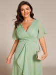 Silver Metallic Fabric V-Neck A-Line Wedding Guest Dress featuring Delicate Ruffled Hem – Summer Green