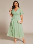 Silver Metallic Fabric V-Neck A-Line Wedding Guest Dress featuring Delicate Ruffled Hem – Summer Green