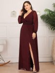 Women’s Sexy Long Sleeve V-Neck Shiny Evening Dress – Burgundy