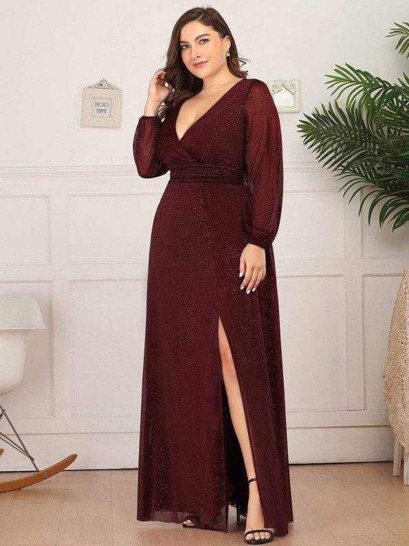 Women's Sexy Long Sleeve V-Neck Shiny Evening Dress - Burgundy