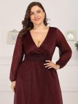 Women’s Sexy Long Sleeve V-Neck Shiny Evening Dress – Burgundy