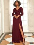 Women’s Sexy Long Sleeve V-Neck Shiny Evening Dress – Burgundy