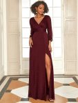 Women’s Sexy Long Sleeve V-Neck Shiny Evening Dress – Burgundy