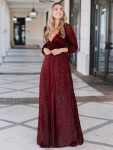 Women’s Sexy Long Sleeve V-Neck Shiny Evening Dress – Burgundy