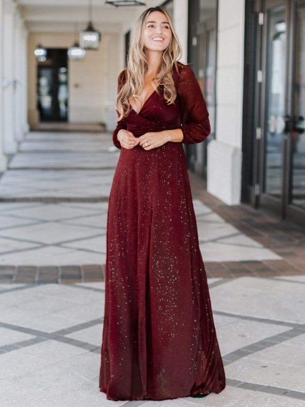 Women's Sexy Long Sleeve V-Neck Shiny Evening Dress - Burgundy