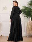 Women’s Sexy Long Sleeve V-Neck Shiny Evening Dress – Black