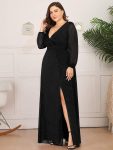 Women’s Sexy Long Sleeve V-Neck Shiny Evening Dress – Black