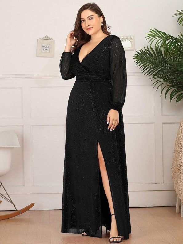 Women's Sexy Long Sleeve V-Neck Shiny Evening Dress - Black