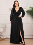 Women’s Sexy Long Sleeve V-Neck Shiny Evening Dress – Black