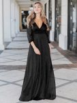 Women’s Sexy Long Sleeve V-Neck Shiny Evening Dress – Black