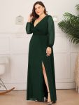 Women’s Sexy Long Sleeve V-Neck Shiny Evening Dress – Dark Green