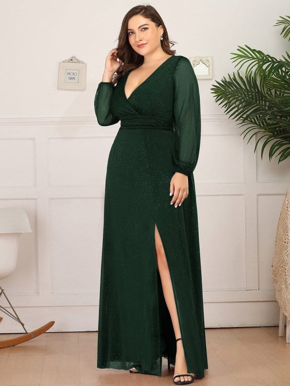 Women's Sexy Long Sleeve V-Neck Shiny Evening Dress - Dark Green