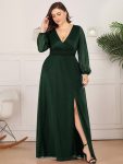 Women’s Sexy Long Sleeve V-Neck Shiny Evening Dress – Dark Green