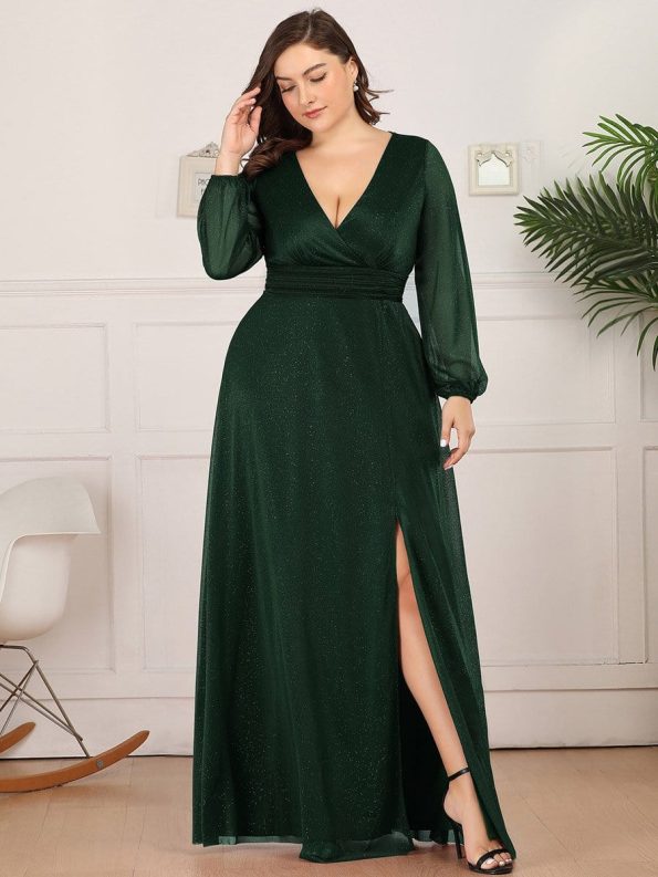 Women's Sexy Long Sleeve V-Neck Shiny Evening Dress - Dark Green