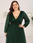 Women’s Sexy Long Sleeve V-Neck Shiny Evening Dress – Dark Green