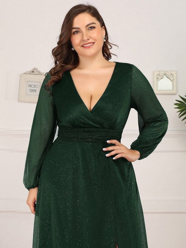 Women's Sexy Long Sleeve V-Neck Shiny Evening Dress - Dark Green