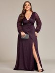 Women’s Sexy Long Sleeve V-Neck Shiny Evening Dress – Dark Purple