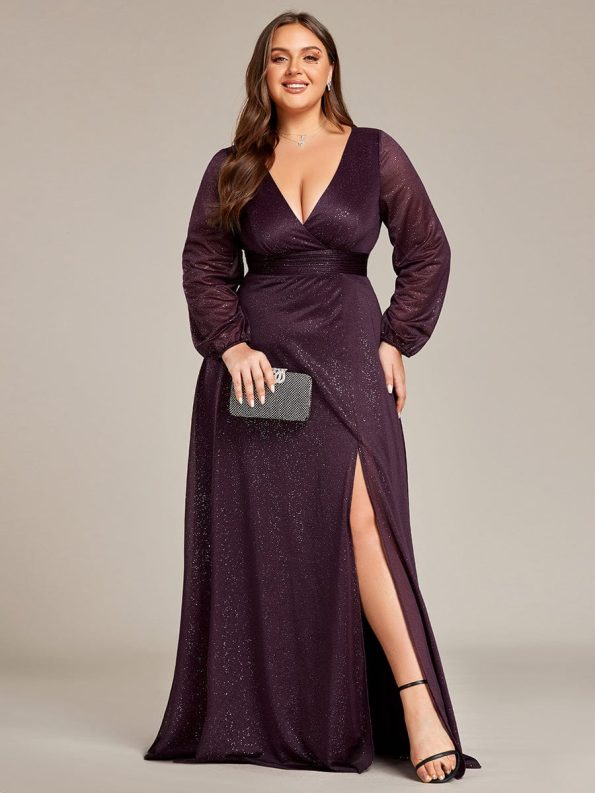 Women's Sexy Long Sleeve V-Neck Shiny Evening Dress - Dark Purple