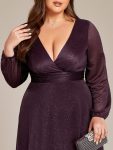 Women’s Sexy Long Sleeve V-Neck Shiny Evening Dress – Dark Purple