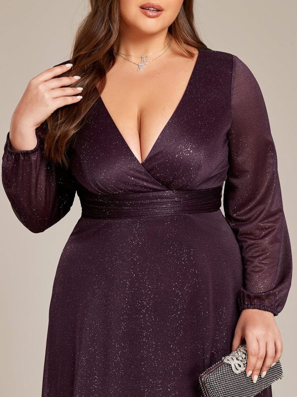 Women's Sexy Long Sleeve V-Neck Shiny Evening Dress - Dark Purple