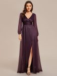 Women’s Sexy Long Sleeve V-Neck Shiny Evening Dress – Dark Purple