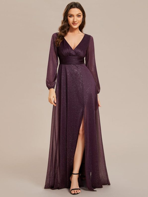 Women's Sexy Long Sleeve V-Neck Shiny Evening Dress - Dark Purple