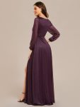 Women’s Sexy Long Sleeve V-Neck Shiny Evening Dress – Dark Purple