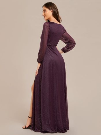 Women's Sexy Long Sleeve V-Neck Shiny Evening Dress - Dark Purple