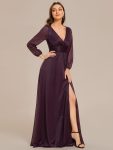 Women’s Sexy Long Sleeve V-Neck Shiny Evening Dress – Dark Purple