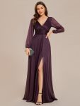 Women’s Sexy Long Sleeve V-Neck Shiny Evening Dress – Dark Purple