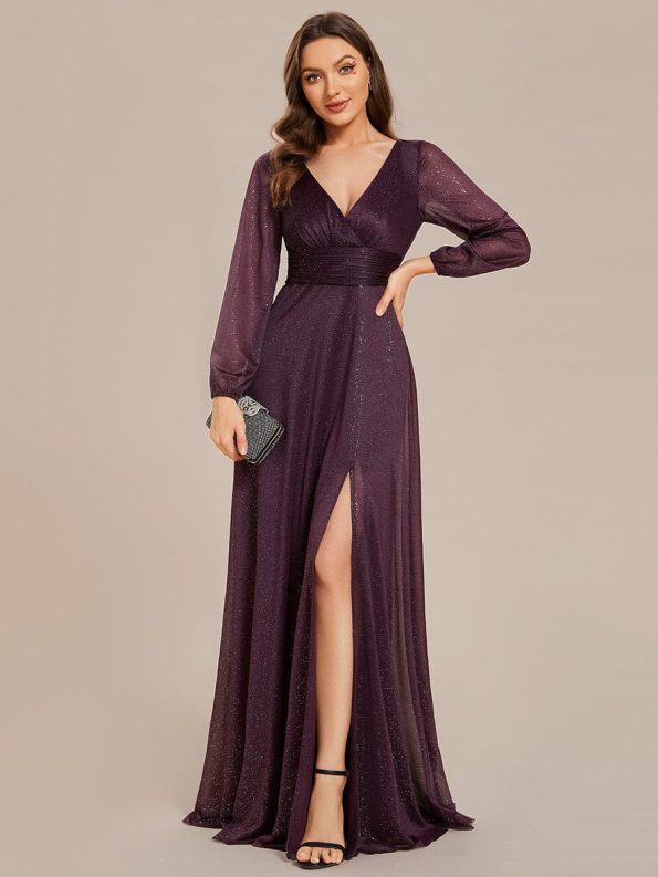 Women's Sexy Long Sleeve V-Neck Shiny Evening Dress - Dark Purple