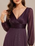 Women’s Sexy Long Sleeve V-Neck Shiny Evening Dress – Dark Purple