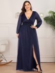 Women’s Sexy Long Sleeve V-Neck Shiny Evening Dress – Navy Blue