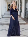 Women’s Sexy Long Sleeve V-Neck Shiny Evening Dress – Navy Blue