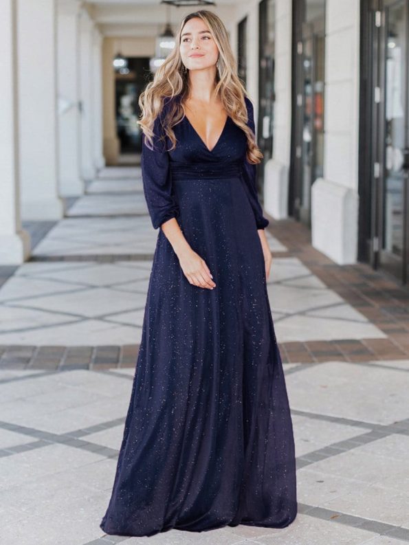 Women's Sexy Long Sleeve V-Neck Shiny Evening Dress - Navy Blue