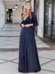 Women’s Sexy Long Sleeve V-Neck Shiny Evening Dress – Navy Blue