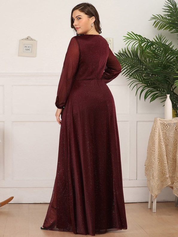 Women's Sexy Long Sleeve V-Neck Shiny Evening Dress - Burgundy