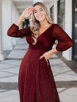 Women’s Sexy Long Sleeve V-Neck Shiny Evening Dress – Burgundy